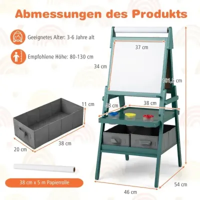 Dětská tabule 3 v 1 s rolí papíru a magnetickou tabulí a bílou tabulí Oboustranná dětská tabule zelená
