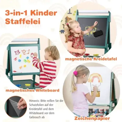 Dětská tabule 3 v 1 s rolí papíru a magnetickou tabulí a bílou tabulí Oboustranná dětská tabule zelená