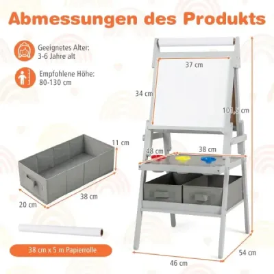 Dětská tabule 3 v 1 s rolí papíru a magnetickou tabulí a bílou tabulí Oboustranná dětská tabule šedá