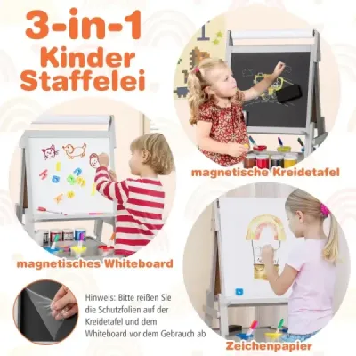 Dětská tabule 3 v 1 s rolí papíru a magnetickou tabulí a bílou tabulí Oboustranná dětská tabule šedá