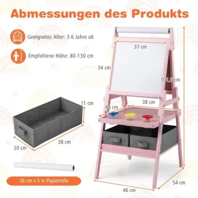 Dětská tabule 3 v 1 s rolí papíru a magnetickou tabulí a bílou tabulí Oboustranná dětská tabule ružová