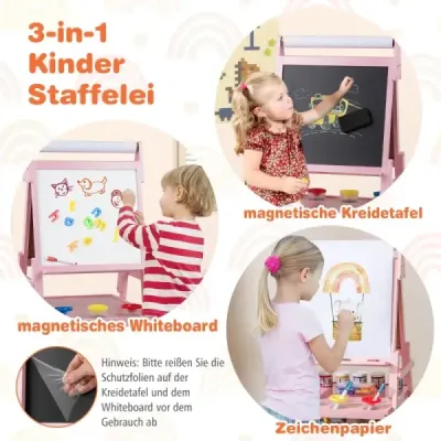 Dětská tabule 3 v 1 s rolí papíru a magnetickou tabulí a bílou tabulí Oboustranná dětská tabule ružová