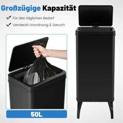 Nerezový odpadkový koš 50 l Automatický odpadkový koš se senzorem pohybu a otevřeným víkem 33,5 x 26 x 83,5 cm Černá barva