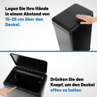 Nerezový odpadkový koš 50 l Automatický odpadkový koš se senzorem pohybu a otevřeným víkem 33,5 x 26 x 83,5 cm Černá barva