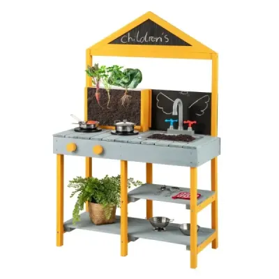 Dětská blátivá kuchyňka Venkovní dětská kuchyňka z jedlového dřeva s květináčem a 2 křídovými tabulemi a kohoutkem Modrá barva