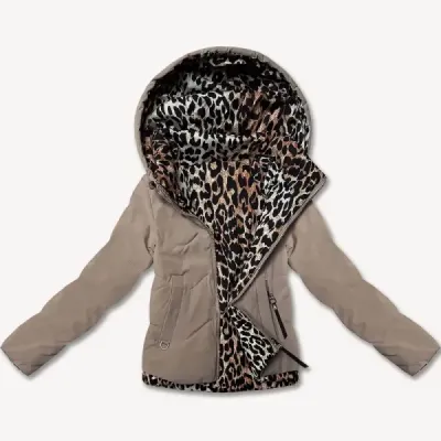 Krátká volná bunda s leopardím motivem Miss TiTi MODA5898 tmavěbéžová