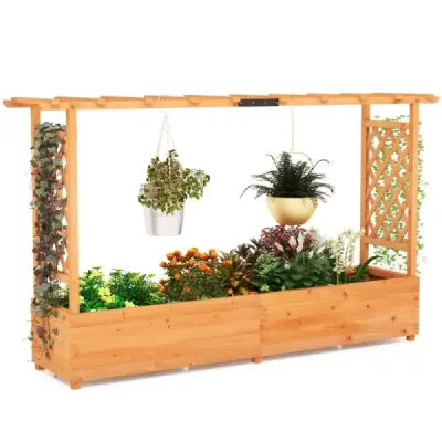 Dřevěný vyvýšený záhon s mříží a závěsnou střechou a podpěrou pro šplhání Box na květináče 200 x 44 x 114 cm