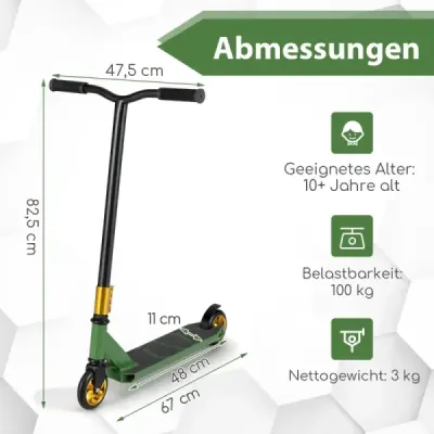 Kaskadérská koloběžka s 360 řízením a PU koly a hliníkovou palubou Kaskadérská koloběžka Fun Scooter Green