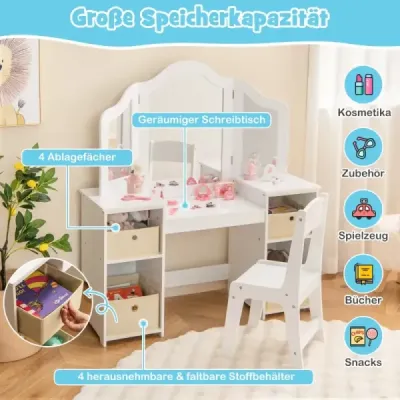 Dětský toaletní stolek 2 v 1 s odnímatelným zrcadlem a úložnými boxy Toaletní stolek bílý