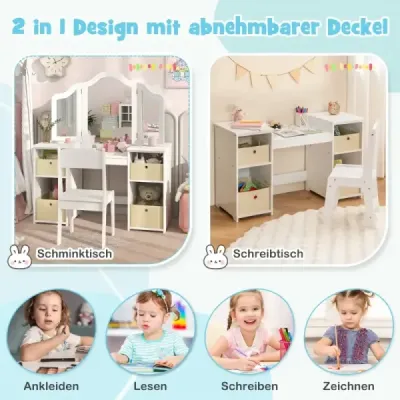 Dětský toaletní stolek 2 v 1 s odnímatelným zrcadlem a úložnými boxy Toaletní stolek bílý