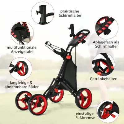 Golfový vozík 4kolový golfový vozík Golfový vozík Golfový skládací Golfový vozík Golfový vozík pro tlačení vyrobený z hliníku červená
