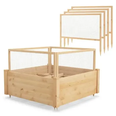 Vyvýšený záhon s ohrádkou Dřevěný box na sázení se čtyřstrannou ochrannou ohrádkou a roštem na rostliny 107 x 107 x 70 cm