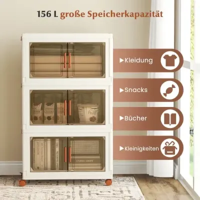 Úložný box s vekom a kolieskami a priehľadnými dverami Skladacie stohovacie boxy Plastový box 156 l