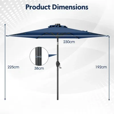 Slunečník 230 cm s LED solárním osvětlením a klikou zahradní deštník market deštník tmavě modrá