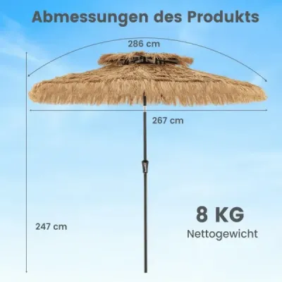 Slunečník Hawaii se solárním osvětlením LED a dvojitou stříškou Slaměný slunečník Zahradní slunečník