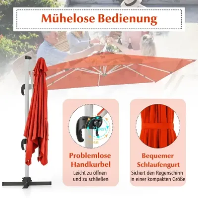 Terasový slunečník s křížovou základnou a 360° rotací pro zahradu a bazén 300 x 300 x 261 cm bordó