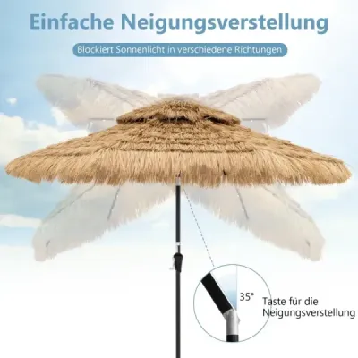 Slunečník Hawaii zahradní slaměný 270 cm slaměný slunečník s LED solárním osvětlením a dvojitou stříškou nature