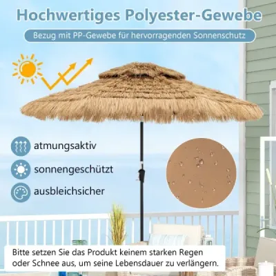 Slunečník Hawaii zahradní slaměný 270 cm slaměný slunečník s LED solárním osvětlením a dvojitou stříškou nature