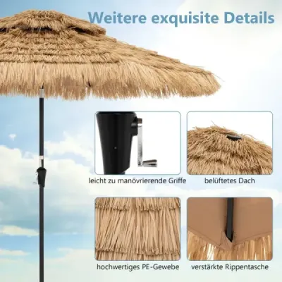 Slunečník Hawaii zahradní slaměný 270 cm slaměný slunečník s LED solárním osvětlením a dvojitou stříškou nature