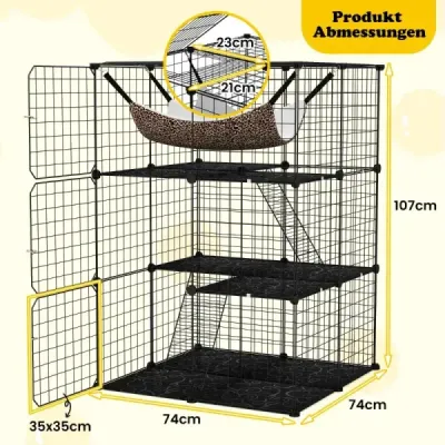 Klec pro kočky 3patrový velký výběh pro kočky s houpací sítí 2 žebříky 3 dvířka a střešní okno 74 x 74 x 107 cm
