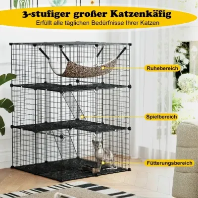Klec pro kočky 3patrový velký výběh pro kočky s houpací sítí 2 žebříky 3 dvířka a střešní okno 74 x 74 x 107 cm