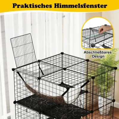 Klec pro kočky 3patrový velký výběh pro kočky s houpací sítí 2 žebříky 3 dvířka a střešní okno 74 x 74 x 107 cm