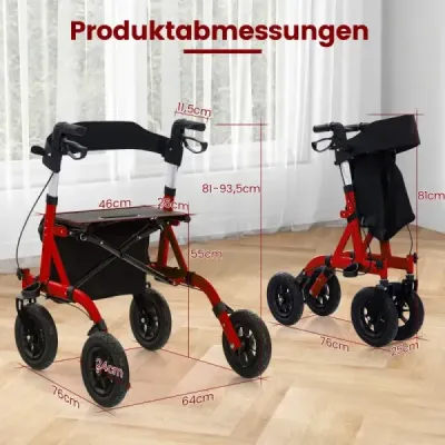 Rollator skládací a lehký se sedadlem hliníkový do 160 kg 2 v 1 invalidní vozík a cestovní rollator červený