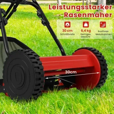 Ručně vedená sekačka na trávu s bubnovou sekačkou a záběrem 30 cm 18,5 l sběrný koš na trávu červený