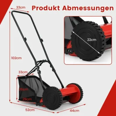 Ručně vedená sekačka na trávu s bubnovou sekačkou a záběrem 30 cm 18,5 l sběrný koš na trávu červený