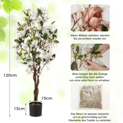 120 cm umělý strom s květinami v květináči Umělý strom bougainvillea Umělé rostliny Bílá 1 kus
