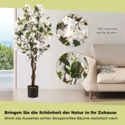 120 cm umělý strom s květinami v květináči Umělý strom bougainvillea Umělé rostliny Bílá 1 kus