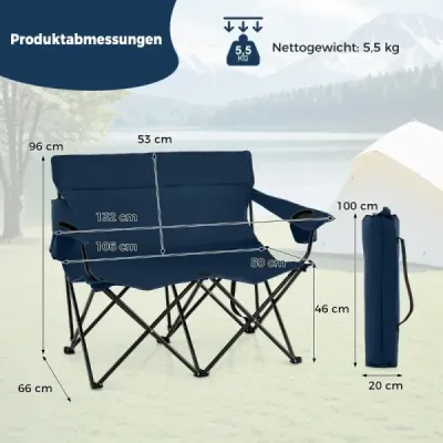 Kempingová židle pro 2 osoby Skládací židle s držáky nápojů a područkami a taškou na přenášení Modrá