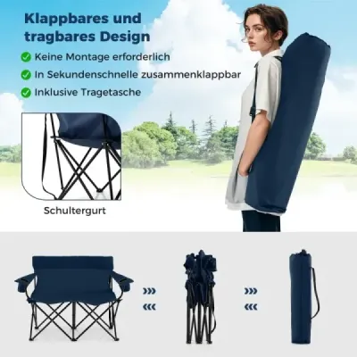 Kempingová židle pro 2 osoby Skládací židle s držáky nápojů a područkami a taškou na přenášení Modrá