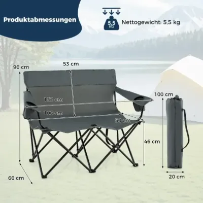 Kempingová židle pro 2 osoby Skládací židle s držáky nápojů a područkami a taškou na přenášení Grey