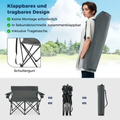 Kempingová židle pro 2 osoby Skládací židle s držáky nápojů a područkami a taškou na přenášení Grey