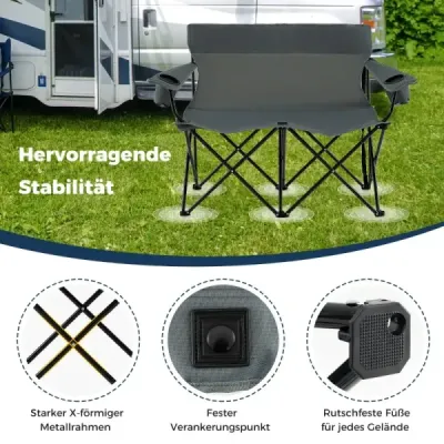 Kempingová židle pro 2 osoby Skládací židle s držáky nápojů a područkami a taškou na přenášení Grey