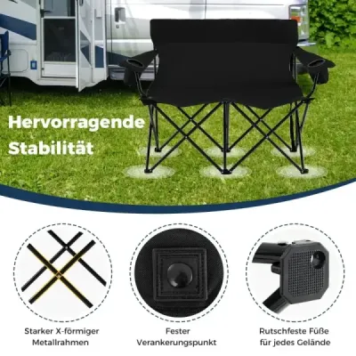 Kempingová židle pro 2 osoby Skládací židle s držáky nápojů a područkami a taškou na přenášení Černá barva