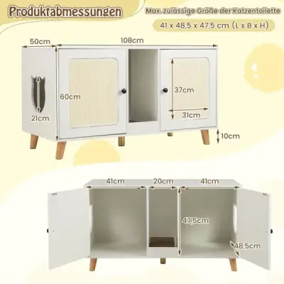 Skříňka na kočičí záchůdek Skříňka na záchůdek se 2 dvířky Domeček pro kočky pro 2 kočky Bílý