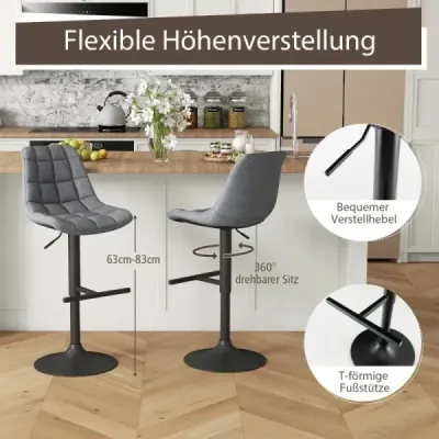 Sada 2 barových židlí Barová židle Kuchyňská židle Otočná a výškově nastavitelná o 360° Bistro židle Šedá barva