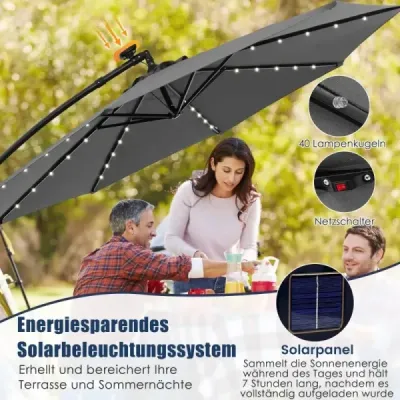 Slunečník 300 cm konzolový slunečník se 40 solárními LED světly a kličkou Šedý