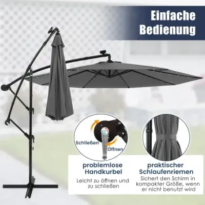 Slunečník 300 cm konzolový slunečník se 40 solárními LED světly a kličkou Šedý