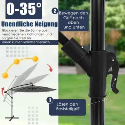 Slunečník 300 cm konzolový slunečník se 40 solárními LED světly a kličkou Šedý