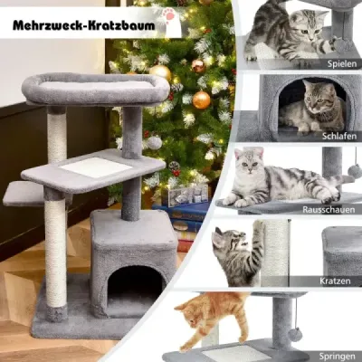 Čtyřpatrové škrabadlo se sisalovými sloupky Plyšová plošina v horní části Kočičí jeskyně Kroužící míč a skákací plošina Šedá barva