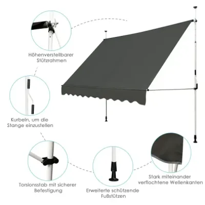 Markýza Svěrná markýza Ochrana proti slunečnímu záření Odolná proti UV záření Výškově nastavitelná Vodoodpudivá 300 x 120 cm Šedá