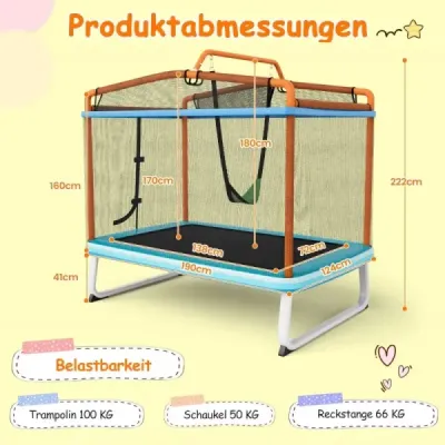 3 v 1 dětská obdélníková trampolína 190 x 124 cm trampolína pro volný čas se sítí modrá + oranžová