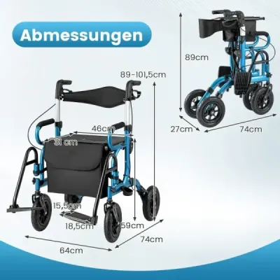 Rollator s pneumatikami skládací a lehký se sedadlem 2 v 1 invalidní vozík a cestovní rollator Modrá barva