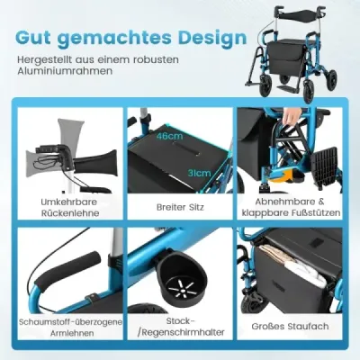 Rollator s pneumatikami skládací a lehký se sedadlem 2 v 1 invalidní vozík a cestovní rollator Modrá barva