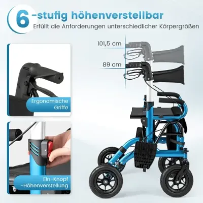 Rollator s pneumatikami skládací a lehký se sedadlem 2 v 1 invalidní vozík a cestovní rollator Modrá barva