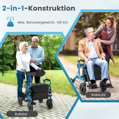 Rollator s pneumatikami skládací a lehký se sedadlem 2 v 1 invalidní vozík a cestovní rollator Modrá barva