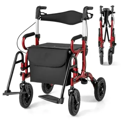 Rollator s pneumatikami skládací a lehký se sedadlem 2 v 1 invalidní vozík a cestovní rollator červený